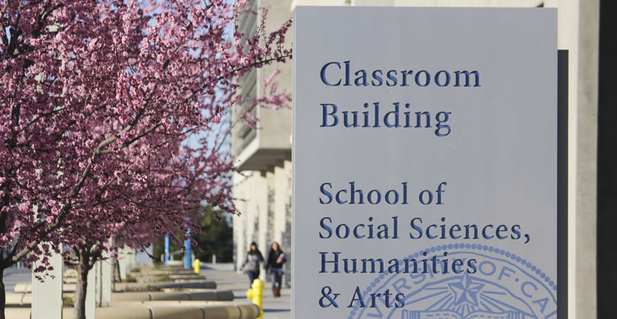Social Sciences school sign outside UC Merced classroom buildin
